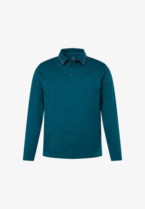 Langsleeve polo met kraag in teal met contrasterende gestreepte kraag, drie-knopen sluiting en een klein logo op de borst gedrukt.
