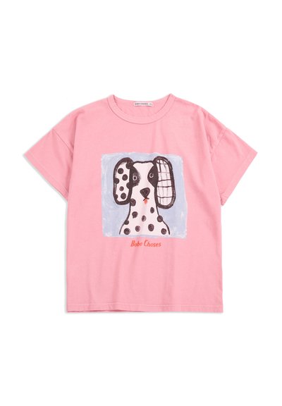 Pink short-sleeve T-shirt with a graphic of a Dalmatian dog featuring differently patterned ears and the text "Bobo Choses" below the illustration.