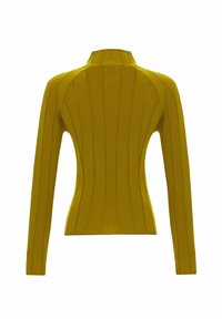 Senfgelbes Strickpullover mit hohem Kragen, langen Ärmeln und vertikal gerippter Textur, mit einer taillierten Silhouette und nahtlosem Design.