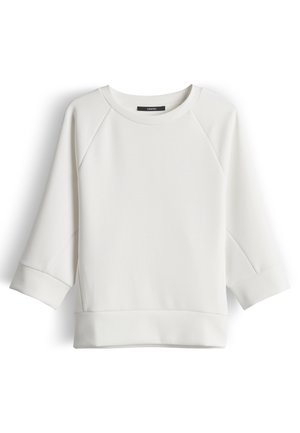 Witte sweatshirt met lange mouwen, ronde hals, raglanmouwen en brede manchetten en zoom, weergegeven op een witte achtergrond.