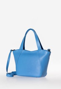 Borsa a tracolla in pelle blu con una texture liscia, dotata di due manici corti e una tracolla staccabile, con chiusura a zip sulla parte superiore.