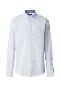 Chemise à manches longues à fines rayures bleu clair et blanc, avec col boutonné et poche poitrine, présentée sur fond blanc.