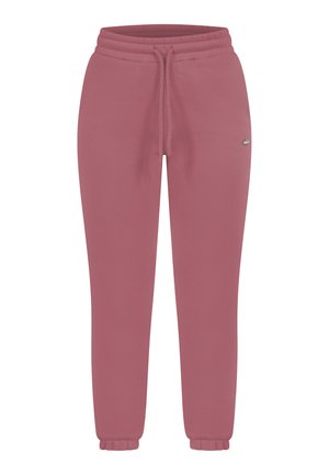 Pantalones de chándal rosas con cintura elástica y cordón, con dobladillos acampanados y un pequeño detalle de logotipo en el costado. Material suave de algodón.