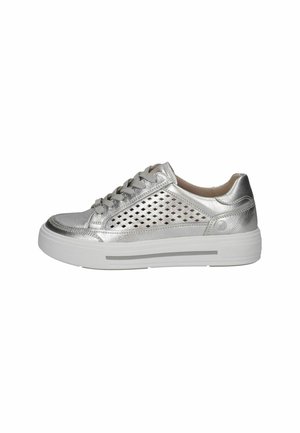 Silver metallic sneaker featuring a perforated design, rounded toe, and white rubber sole with horizontal stripe accents. Lace-up closure.