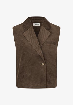 Brown corduroy sleeveless vest with a notched lapel, single button closure, and a chest pocket. Vertical ribbed texture throughout.