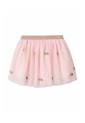 Jupe en tulle rose avec une ceinture scintillante et des motifs de cônes de glace brodés dans des couleurs pastel. Design fluffy et superposé avec une texture légère.