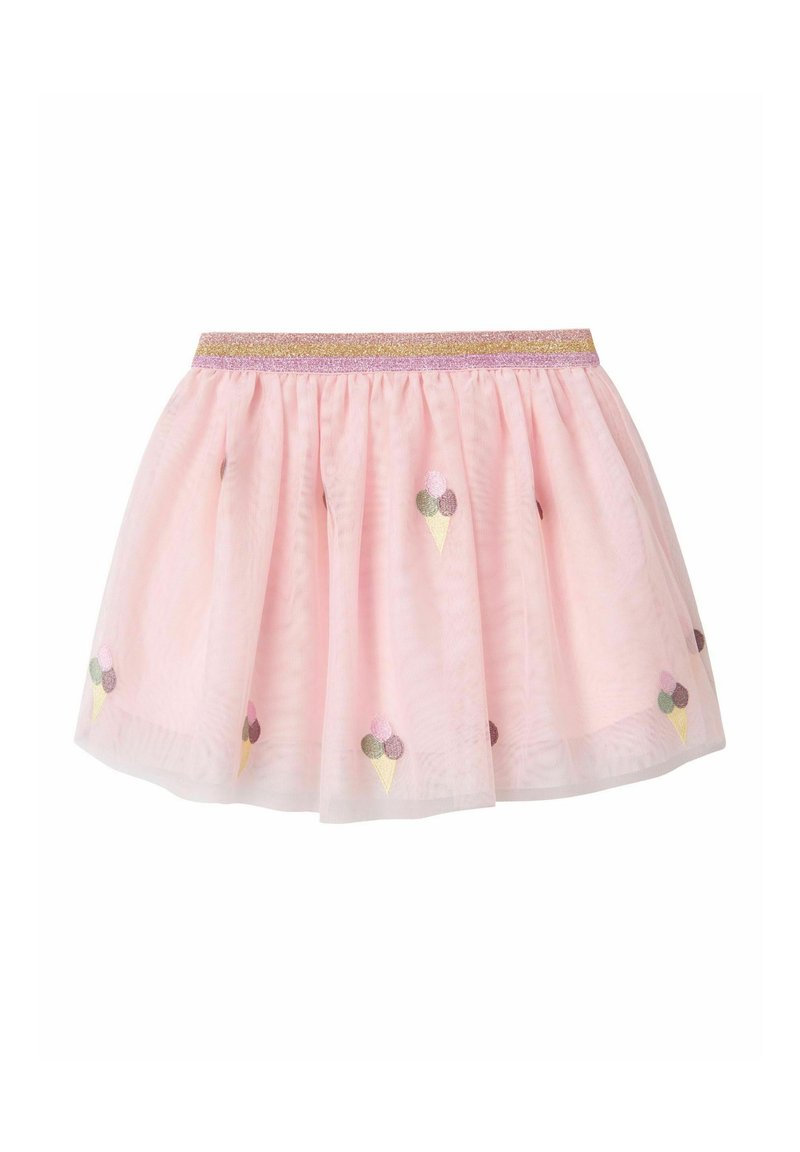 Jupe en tulle rose avec une ceinture scintillante et des motifs de cônes de glace brodés dans des couleurs pastel. Design fluffy et superposé avec une texture légère.