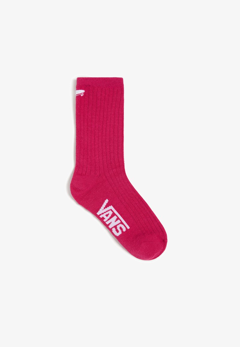 Calcetín rosa acanalado de algodón con un logo blanco de "VANS" en el tobillo. El diseño presenta un color sólido y una textura suave.