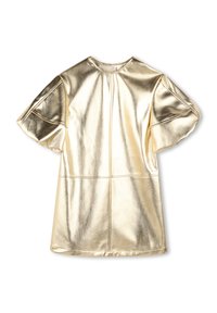 Robe dorée métallisée à manches courtes avec une texture lisse et brillante. Présente des épaules structurées et des coutures verticales pour un look ajusté.