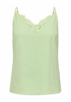 Bezrekawnikowa, jasnociemnozielona, teksturowana bluzka na ramiączkach z koronkowym wykończeniem przy dekolcie w kształcie litery V i cienkimi ramiączkami.