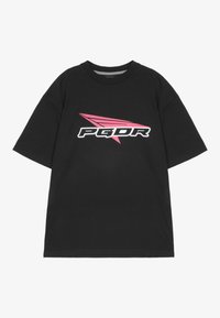 Black cotton t-shirt with short sleeves, featuring a white and pink graphic logo "PGDR" and a stylized wing design.