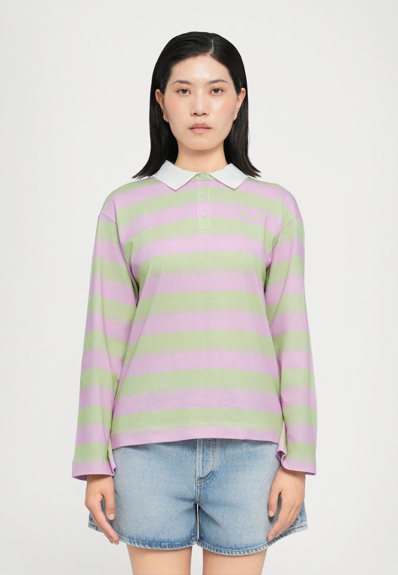 Long-sleeve polo shirt featuring alternating light purple and green horizontal stripes, with a white collar and button placket detail.