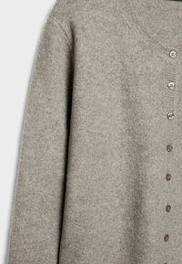 Gray cardigan made of soft knit material featuring a round neckline, full-length sleeves, and a button-down front with six buttons.