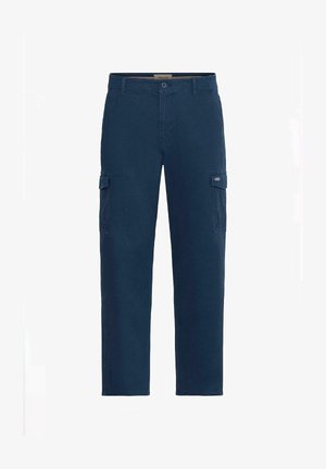 Pantalones cargo azul marino de tela de algodón, que presentan dos bolsillos laterales, un cierre de botón en la parte frontal y un diseño de pierna recta con detalle de doble costura.