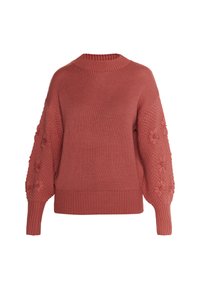 Sweter robiony na drutach w miękkim kolorze koralowym z prążkowanym dekoltem i dołem. Posiada teksturowane, bufiaste rękawy z kwiatowymi wzorami. Krótki, luźny krój.