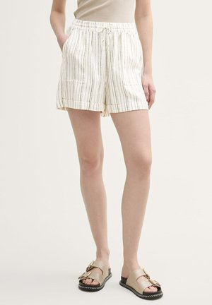 Hvide stribede shorts med elastisk talje, der har sidelommer og en afslappet pasform. Stoffet har en blød tekstur med et let og afslappet design.