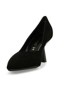 Décolleté in suede nero con punta affusolata e tacco geometrico spesso. Interno liscio, con marchio dorato sulla soletta.