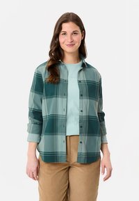 Grünes kariertes Hemd mit Knopfleiste, langen Ärmeln, die an den Manschetten hochgekrempelt sind, kombiniert mit einem hellblauen T-Shirt und beigen Hosen.