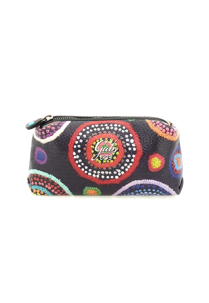 Piccola pochette nera con zip decorata con motivi circolari colorati e logo "Gabs 603" al centro anteriore.