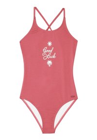 Costume da bagno intero rosso in tessuto testurizzato. Caratterizzato da spalline incrociate e testo stampato bianco che dice "Buona Fortuna" con icone di sole e palma.