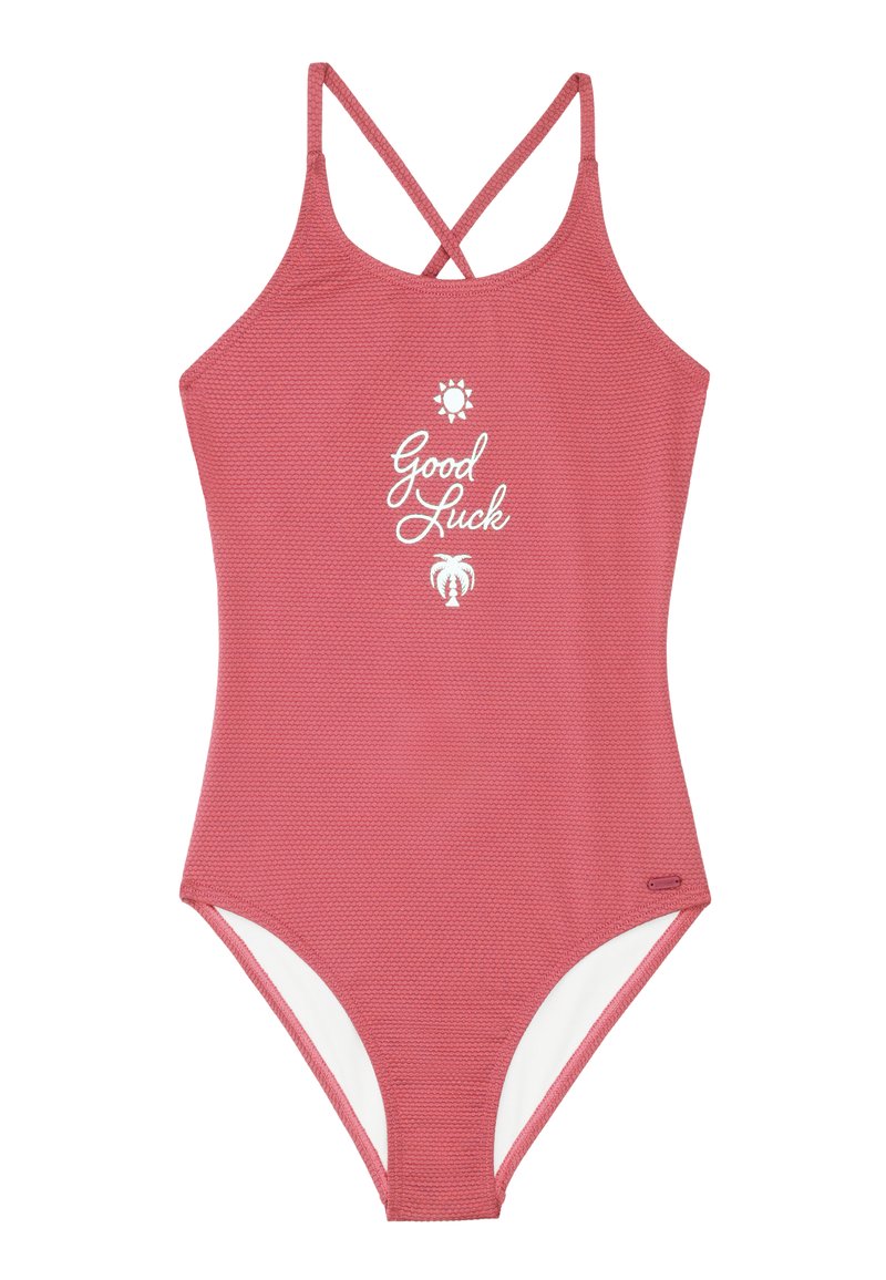 Costume da bagno intero rosso in tessuto testurizzato. Caratterizzato da spalline incrociate e testo stampato bianco che dice "Buona Fortuna" con icone di sole e palma.