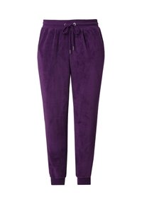 Violetti fleece-housut, joissa on elastinen vyötärö ja säädettävä naru. Kapeat lahkeet, jotka päättyvät ribbauskahvoihin. Pehmeä rakenne koko matkalta.