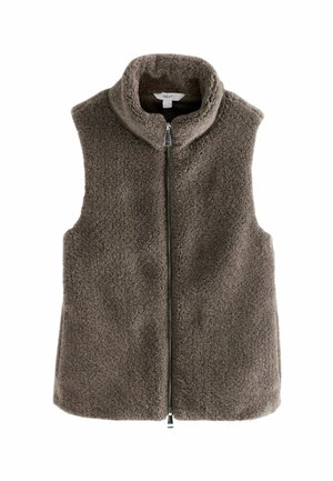 Chaleco sin mangas de forro polar marrón con cuello alto y cremallera frontal, tejido de textura suave, diseñado para proporcionar calidez y usarse en capas.