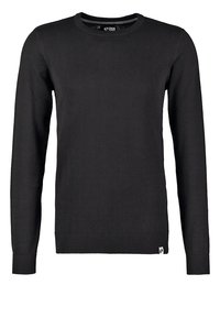 Schwarzer Pullover mit langen Ärmeln und klassischem Rundhalsausschnitt. Hergestellt aus Strickstoff, mit gerippten Bündchen und Saum sowie einem kleinen Logosticker an der Seite.