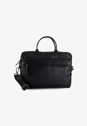 Black leather laptop bag with two top handles, a detachable shoulder strap, and a front zippered pocket. Smooth texture, minimalist design.