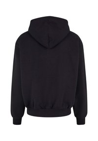 Sudadera negra con capucha redondeada, puños acanalados y dobladillo fruncido. Fabricada en un tejido suave y texturizado con un diseño simple y sin adornos.