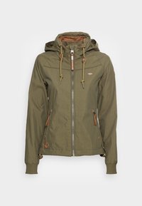 Olivově zelená zipová bunda s kapucí, šňůrkovým stažením, bočními kapsami a kontrastními hnědými akcenty. Vyrobena ze světelného, texturovaného materiálu.
