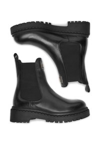 Botas Chelsea de cuero negro con suelas gruesas y paneles laterales elásticos, mostradas una al lado de la otra sobre un fondo blanco.