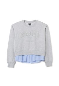 Sudadera gris con el texto "BON JOUR" en bordado texturizado, que presenta un dobladillo de camiseta ligera azul claro en capas. Puños y cintura acanalados.