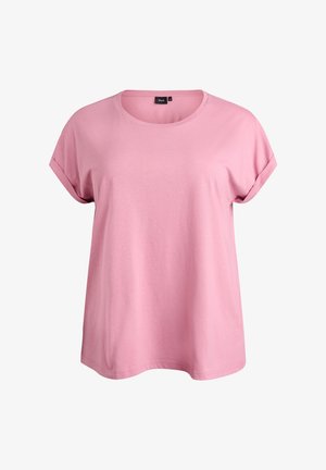 T-shirt en coton rose avec un col rond, des manches courtes retroussées et une coupe décontractée. Étiquette visible au niveau du col.