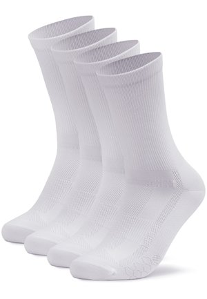 Vier Paar schlichte, weiße Crew-Socken liegen nebeneinander und zeigen gerippte Bündchen sowie strukturiertes Gewebe. Es sind keine Personen zu sehen.