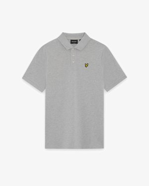 Ανοιχτό γκρι κοντομάνικο πόλο πουκάμισο με τρία κουμπιά και ένα μικρό κίτρινο και μαύρο πουλί λογότυπο στο αριστερό στήθος.