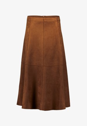 Gonna a trapezio in camoscio marrone con una texture liscia, cuciture a pannelli e una cerniera posteriore. Lunghezza fino a metà polpaccio con orlo svasato.