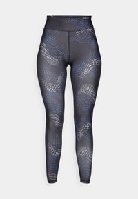 Leggings neri con un motivo ondulato blu e grigio, vita alta, texture liscia e una forma aderente progettata per l'activewear.