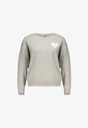 Lichtgrijze trui met geribbelde zoom en manchet. Heeft een klein wit hart op de linkerborst. Gemaakt van zachte, textuurrijke stof.