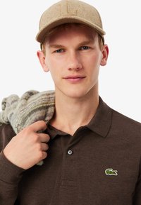 Polo shirt marrone a maniche lunghe con patta di bottoni e logo in ricamo di coccodrillo verde, indossato con una sciarpa di lana a righe multicolori.