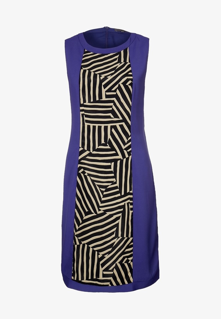 Robe sans manches à longueur genou avec côtés unis violet et un panneau central présentant des rayures géométriques noires et blanches irrégulières.
