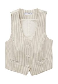 Gilet rayé beige et crème, avec un col en V, trois boutons, deux poches avant et un tissu texturé. Sans manches ni col.