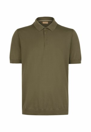 Koszulka polo w kolorze oliwkowym z krótkim rękawem, kołnierzykiem i plisą na trzy guziki, gładki dzianinowy materiał oraz ściągacze na mankietach i dole.