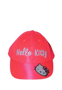 Jasnoróżowa siatkowa czapka z haftowanym napisem "Hello Kitty" w kolorze białym oraz nadrukowanym wizerunkiem postaci Hello Kitty z kokardką z przodu.