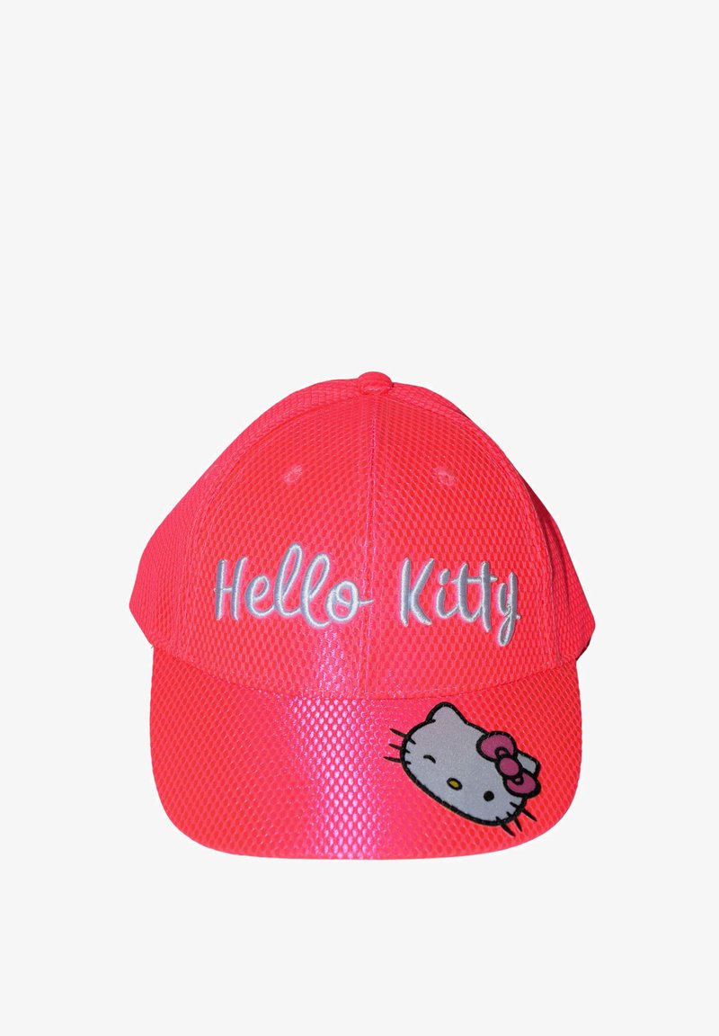 Jasnoróżowa siatkowa czapka z haftowanym napisem "Hello Kitty" w kolorze białym oraz nadrukowanym wizerunkiem postaci Hello Kitty z kokardką z przodu.