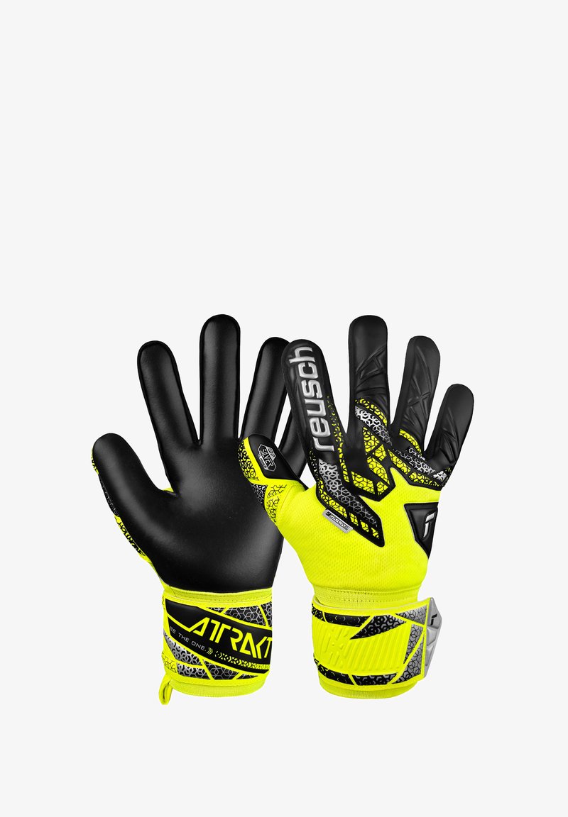 Guanti da portiere con un corpo sintetico testurizzato di un giallo brillante, palmo in lattice nero e chiusura rinforzata al polso con dettagli di branding.