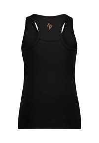 Svart linne med racerback-design, med en mjuk yta och minimal sömnad. "ug"-logotyp broderad i koppar vid halsringningen.