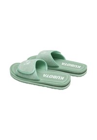 Sandales à glissière vert clair avec un dessus texturé, une sangle réglable et une semelle striée. Présente un logo blanc sur la sangle.