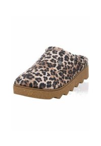 Leopardprint slip-on klip med en blød overdel og en tekstureret, chunky sål i tan. Har en rund tå og polstret inderside.