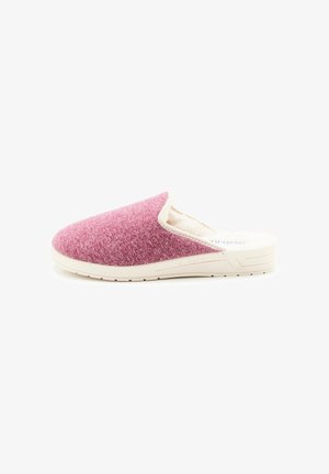 Roze vilt instapslof met een zachte binnenvoering en een lichtgekleurde rubberen loopzool. Ronde neus en een ontwerp zonder sluiting.